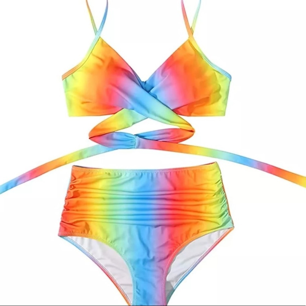 Summer sexy bikini print neon beach wear pool suim suit high waist tie multi col - Picture 2 of 7
